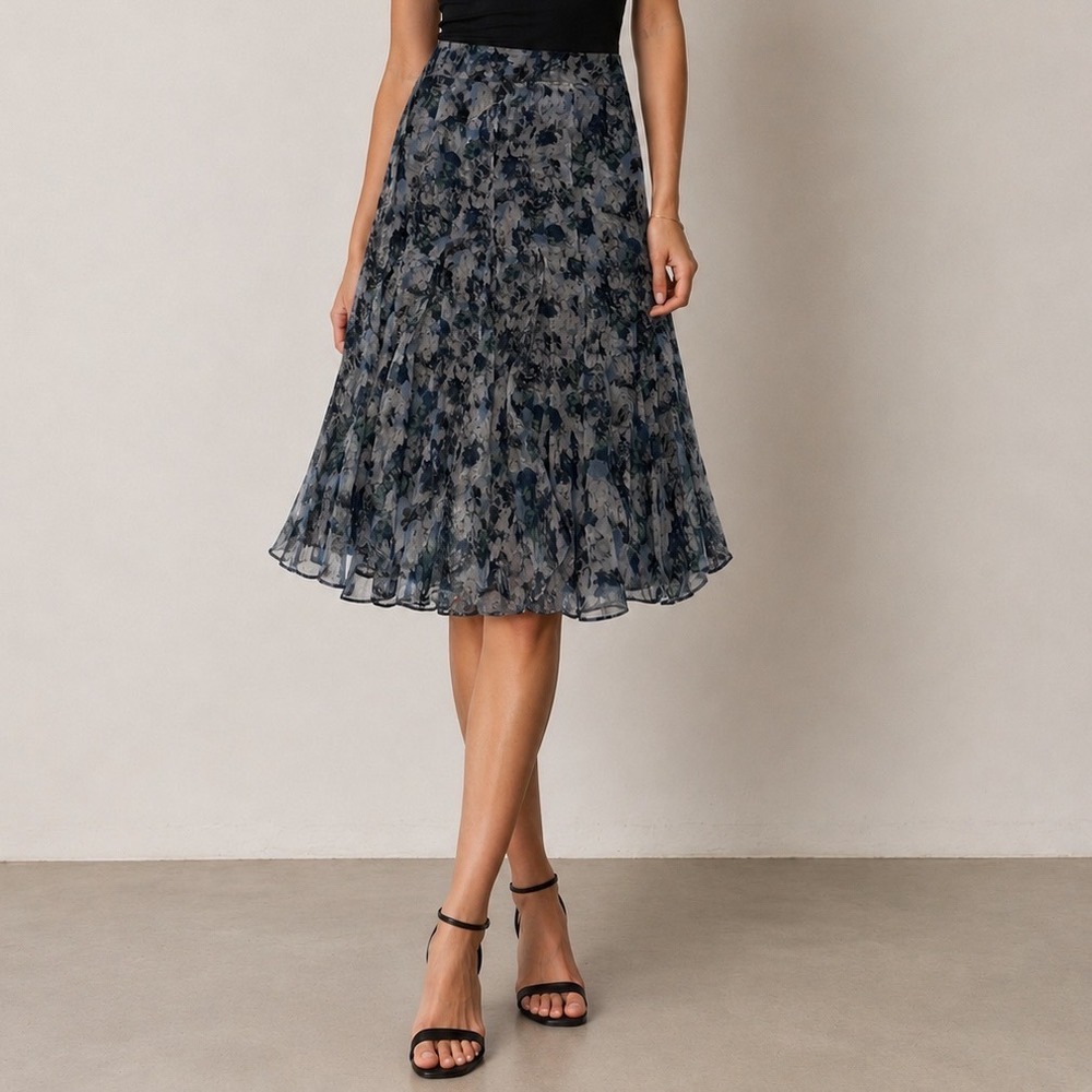 Charter Club Womens 16 Blue Floral 100% Silk A-Line Pleated Knee Length Skirt bb